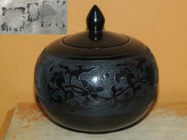 Covered Jar 4&quot; polished Black clay carved scroll floral Longshan / Yuan ... - $67.49