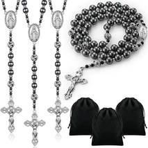 First Communion Black Stone Rosary Bead Necklace 6 Pcs with 6 Bag Crucifix Metal - £34.74 GBP