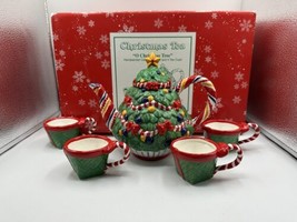 Department 56 O Christmas Tree Teapot 4 Tea Cups Handpainted Ceramic #13... - $43.53