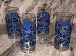 Set Of Four (4) 6” Tall 16.3oz Blue Flowers Drinking Tumbler Glasses-NEW-SHIP24H - £47.38 GBP