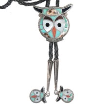 c1960 c-31 Ted Edaakie Zuni Owl sterling channel inlay bolo tie with fancy tips - $737.55