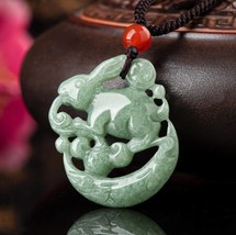 Natural Myanmar Jade Moon Rabbit Pendant Necklace, Burmese Jade, Gift for Woman - £29.49 GBP