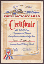 Ovila Fleurent - WWII 5th Victory Loan Bonds Certificate, Canada (1943) - $12.25