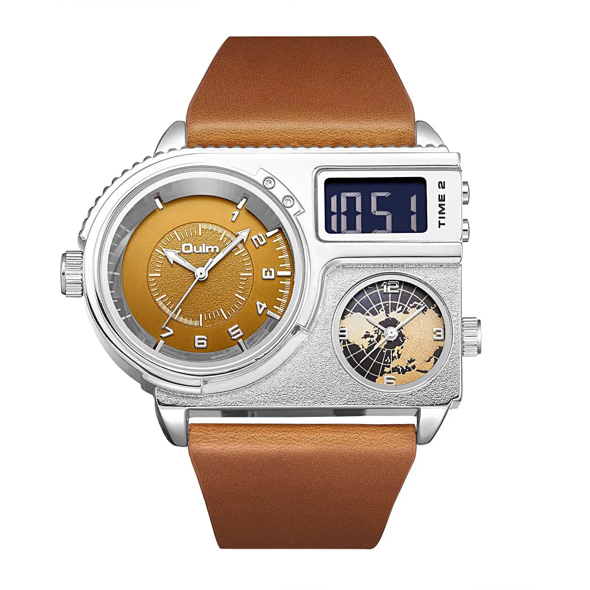 Oulm NEW Men&#39;s   3 Time Zone Fashion LED Digital Watch Male Big Dial Clock Leath - £105.93 GBP