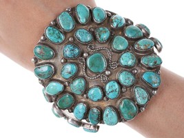 7&quot; Huge 30&#39;s-40&#39;s Navajo Silver Turquoise cluster bracelet - $2,425.50