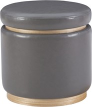 Round Storage Ottoman In Lexington Grey Faux Leather By Linon With Wood Accent. - £70.73 GBP