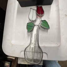 Vintage Stained Glass Flowers w/Vase Suncatcher 8” Tall Textured - £11.97 GBP