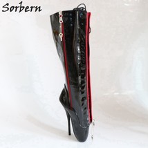 Customized Fetish Lockable Zipper Ballet Boots Knee High For Women Padlock Black - £243.21 GBP