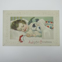 Christmas Postcard Boy Sleeps Toys Fox Terrier Jack Russell Dog Embossed Antique - £11.98 GBP