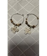 Handmade Wood Cross Beaded Drop Silver Tone Hoop Earrings Mod Boho Chic - €7,66 EUR
