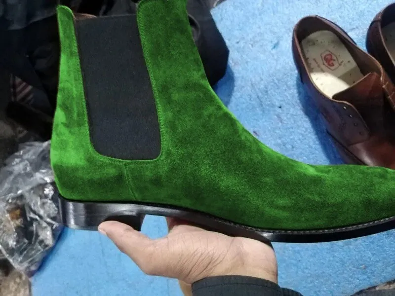 Men&#39;s Green Suede Decent Handmade Western Style Ankle High Chelsea Boot - $179.99