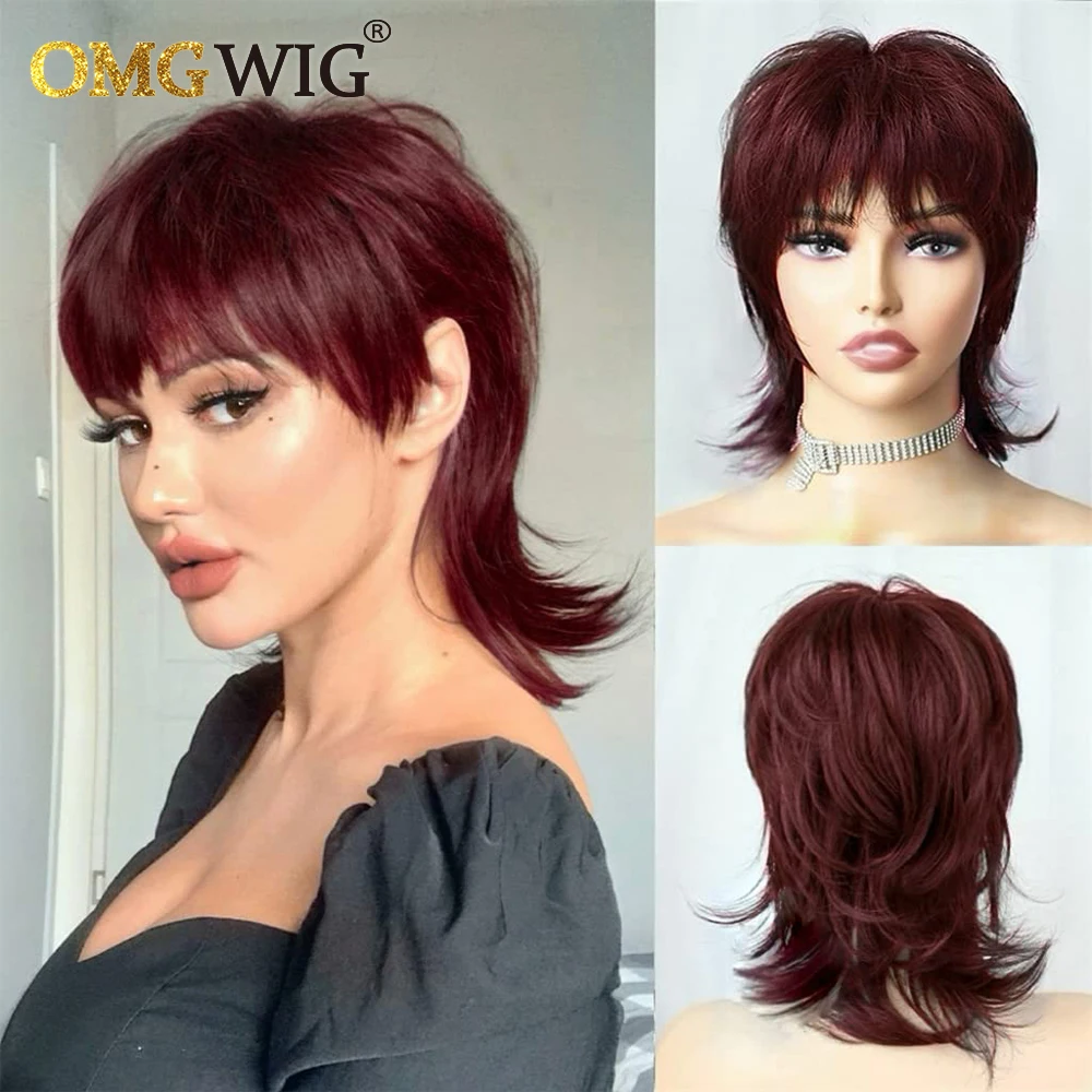 Burgundy Color Short Pixie Cut Full Machine Made Wig With Bangs Indian Virgin - £32.81 GBP+