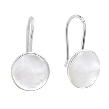 Minimalist Round White Mother of Pearl Shell .925 Silver Hook Dangle Earrings - £11.07 GBP