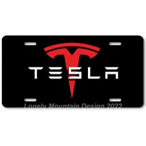 Tesla Text &amp; Logo Inspired Art on Black FLAT Aluminum Novelty License Tag Plate - £14.36 GBP