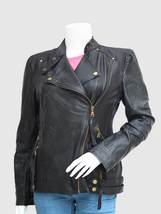 Women Styles Leather Biker Jacket Black Color Ban &amp; Lapel Collar Golden ... - $199.99