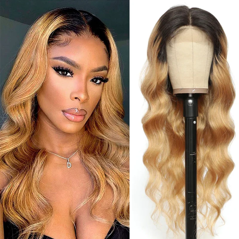 Honey Blonde Lace Front Wig PrePlucked 1B 27 Human Hair Wigs Ombre Body Wa - £80.71 GBP+