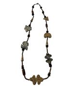 Long Boho Statement Necklace Carved Stone Beads Abstract Shapes Earth To... - $29.70