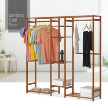59&quot;Brown Bamboo [Dual Coat Hanging Rod+Pants Rack] Garment Organizer W/H... - $125.99