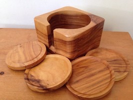 Set of 4 Natural Finish Wooden Coasters w Solid Hardwood Housing Holder - £19.76 GBP