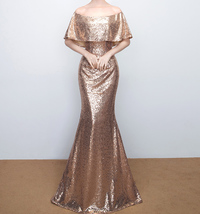 Off Shoulder Gold Sequin Dresses Women Plus Size Long Maxi Sequined Evening Gown image 7
