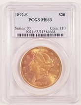 1892-S $20 Gold Liberty Double Eagle Graded by PCGS as MS-63! Early US G... - $4,257.00