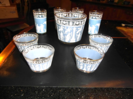 Vtg Jeanette Wedgwood Jasperware Hellenic Blue Drinking Set  Glasses - £38.50 GBP