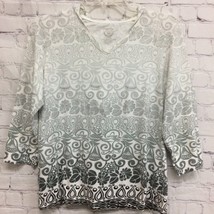 Zenergy By Chicos Womens Hoodie Sweatshirt White Gray Floral 3/4 Sleeve ... - $18.80