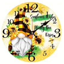 Small Gnome Hanging Wall Clock Round Non Ticking Sunflower Honeybee Kiss Design - £15.24 GBP