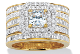 Princess Halo Cz Bridal Gp 3 Ring Set 14K Gold Sterling Silver 6 7 8 9 10 - £239.79 GBP