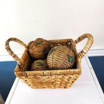 Square Basket With Four Woven Balls 4&quot; Resin Bamboo Leaf Home Decor - $59.40