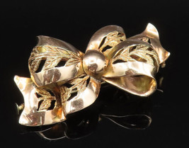 SWEDEN 14K GOLD - Vintage Textured Leaf Polished Ribbon Brooch Pin - GB143 - £468.16 GBP