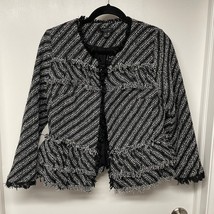 Ann Taylor Black White Striped Tweed Fringe Jacket Womens Size 8P Petite - £28.13 GBP