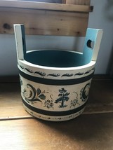 Artist Signed Cream &amp; Blue Painted Norwegian Rosemaling Wood Wooden Bucket  –  - £30.35 GBP