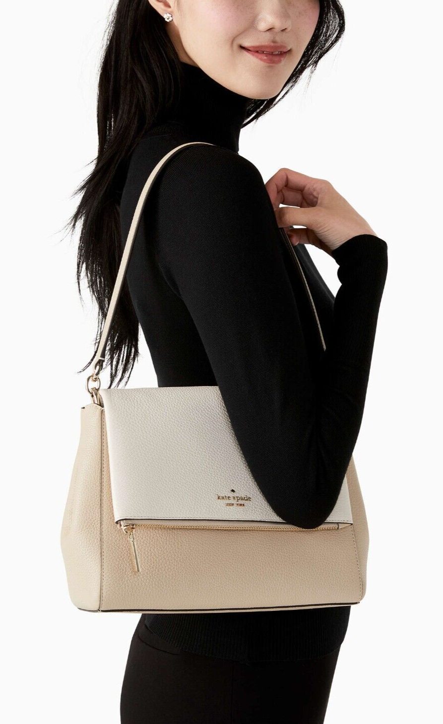 NWB Kate Spade Leila Medium Flap Shoulder Beige and White Leather K6762 Gift Bag