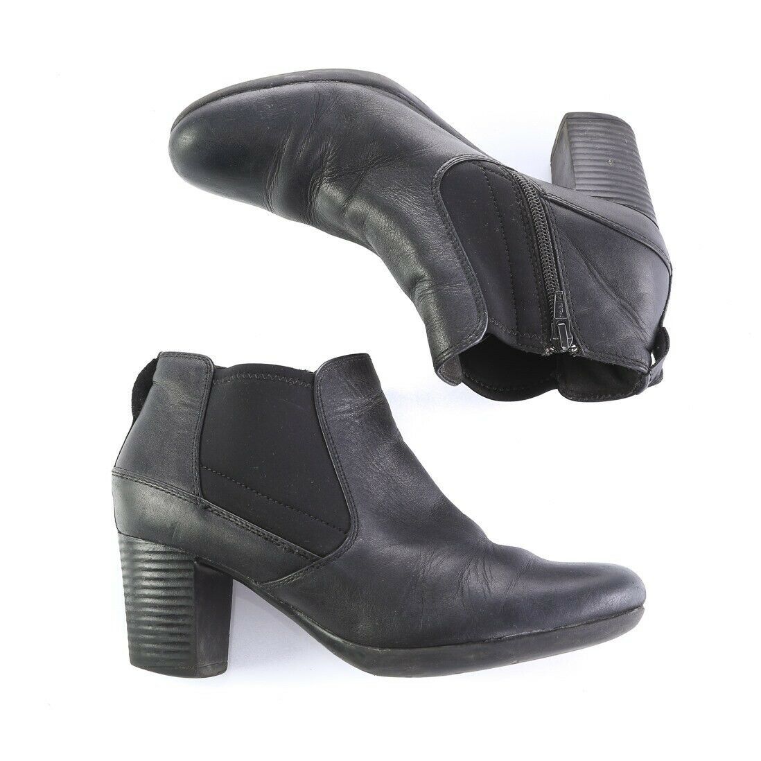Clarks Black Leather Ankle Boots Booties Block Heels Shoes Zipper Womens 8 M - $24.63