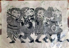 TAIWAN REPUBLIC CHINA c1940 Batik Medieval Musicians Scene 23&quot; x 17&quot; - £89.23 GBP