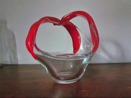 GREAT FORM ART GLASS DISH CLEAR WITH LIPSTICK RED HANDLES - £19.91 GBP