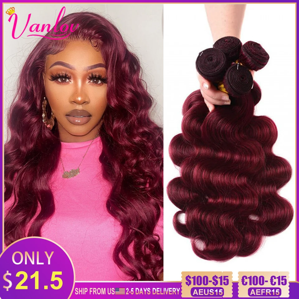 Vanlov 30 Inch 99J Body Wave Hair Bundles Peruvian 1/3/4 Pcs Red Color Human - £40.75 GBP+