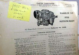 Rambler SIX Hudson-Nash &amp; V8 Hornet 1955-57 Carter Carburetor Chart Shee... - $24.37