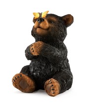 Black Bear Figurine Sitting with Butterfly on Nose 9 in High Resin Home Garden