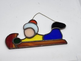 Christmas Stained Glass Ornament Suncatcher Boy On Sled Holiday - £10.09 GBP
