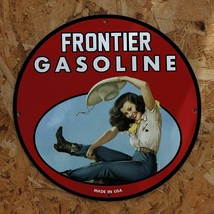 Vintage 1937 Frontier Gasoline Gas Synthetic Motor Oil Porcelain Gas & Oil Sign - £116.80 GBP