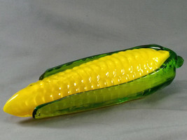 Art Glass Vegetable Yellow Corn with Green Leaves 8in Mid-Century Damaged - $17.50