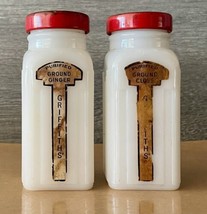 2 Vintage GRIFFITHS White Milk Glass Spice Jar RED Lid Ground Ginger &amp; C... - $19.99