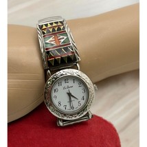 Vintage Le Baron Womens Watch Tribal Design Silver Tone Stretch Band Retro 80s - $24.48