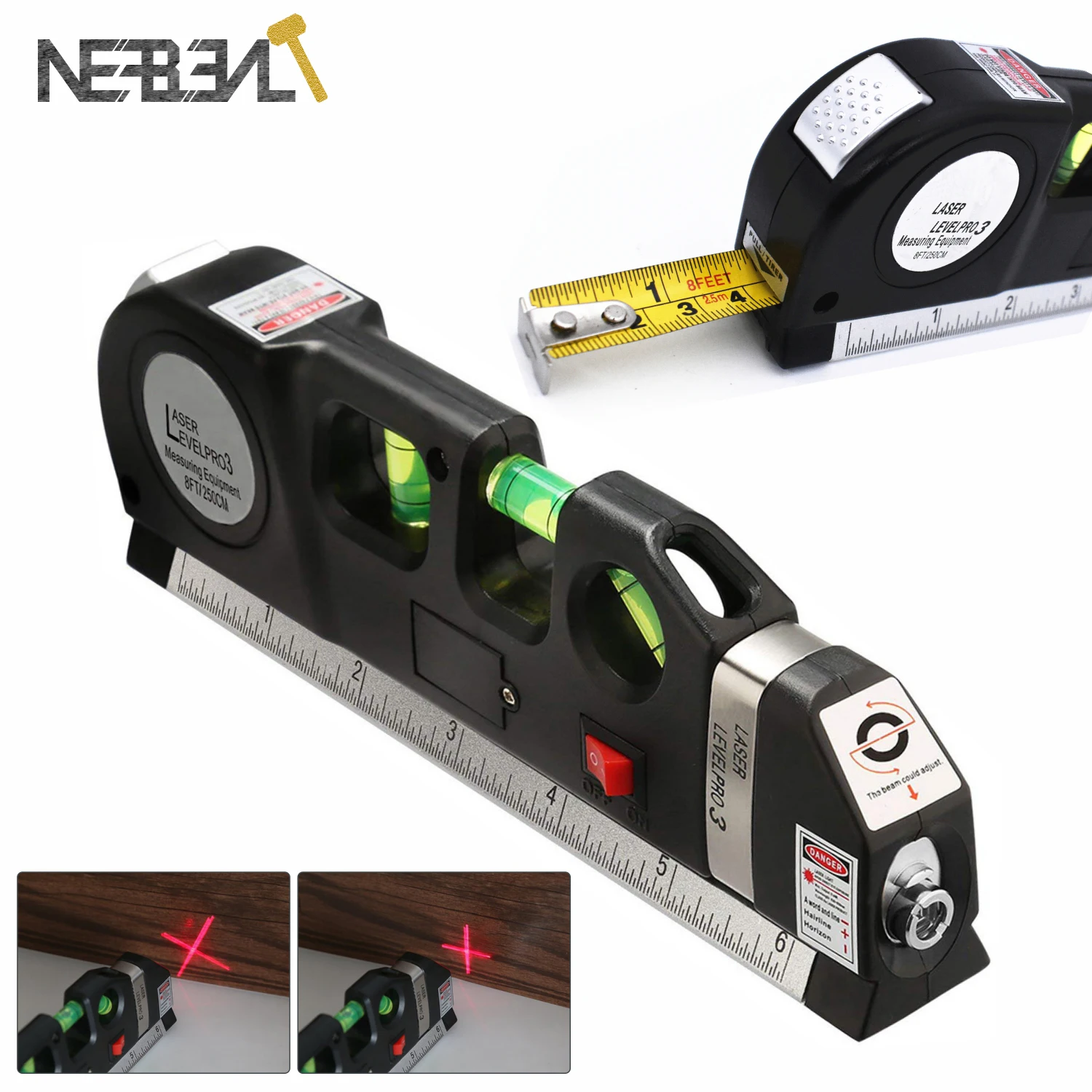 Laser Level Tape Vertical Measure Adjusted Standard Ruler Horizontal Cross Lines - £175.29 GBP