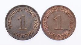 1876-A &amp; 1892-A Germany 1 Pfennig Lot of 2 Coins (AU-UNC Condition) - $65.10