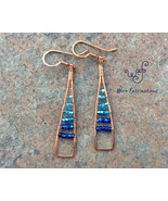 Handmade copper earrings: long triangles with wire wrapped blue crystal ... - £21.58 GBP