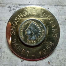 Vintage Shoshone Indians Skeet Indian Head Penny Bolo Clip Gold Tone 1958 Idaho - £143.19 GBP