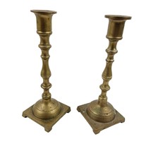Solid Brass Candlestick Holder Pair Square Base Vintage 8 in Made In Hon... - $17.82